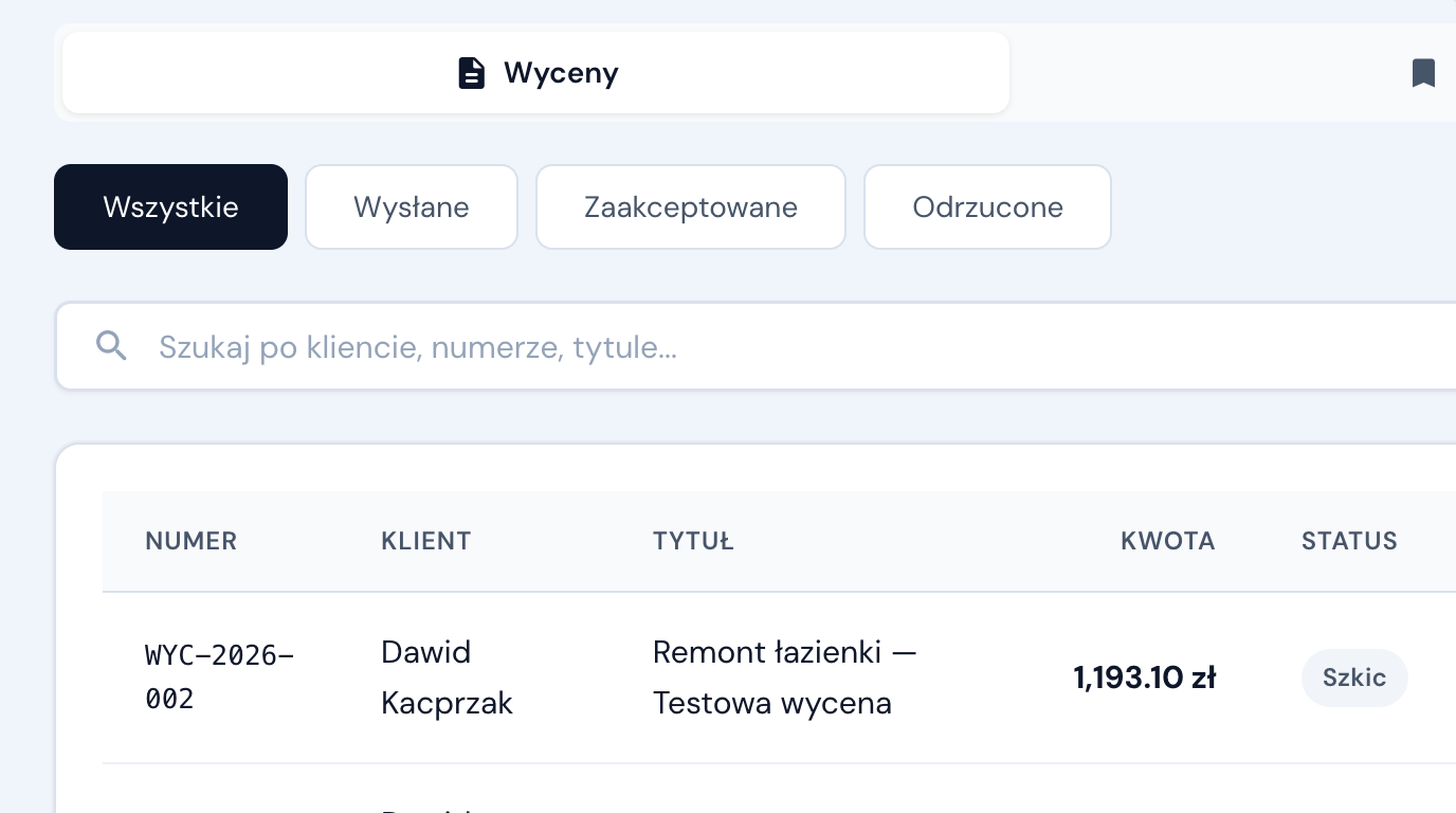 ŁatwaWycena — twórz wyceny i wysyłaj klientom